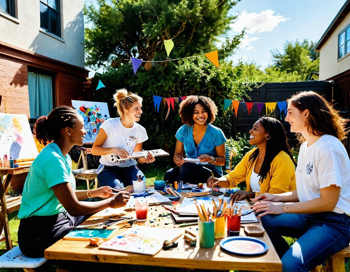 A colorful and vibrant scene depicting a diverse group of amateur artists and creators joyfully collaborating in a sunlit outdoor space, surrounded by art supplies, canvases, and musical instruments. Include playful elements like flying paint splatters and whimsical doodles in the air, symbolizing creativity being unleashed. The atmosphere should radiate warmth, happiness, and inspiration, inviting viewers to join in the fun. super-realistic. vibrant colors. sunny background.