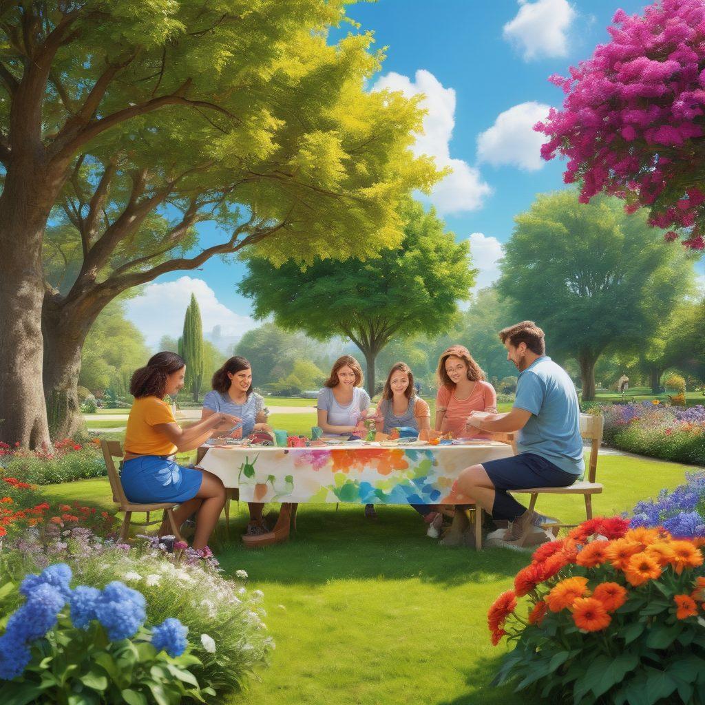 A vibrant, smiling group of diverse hobbyists engaging in various activities like painting, knitting, and gardening in a lush park. Colorful banners with 'Join Us!' and 'Embrace Your Hobby!' hang above, surrounded by blooming flowers and a bright blue sky. Capture the feelings of joy, connection, and creativity. super-realistic. vibrant colors. outdoor scene.